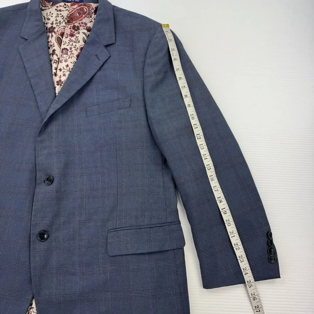 Alan Flusser Mens 48R Blue Plaid Sport Coat Blazer Paisley Lining 2 Button